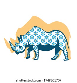 Lovely white vector rhinoceros covered in blue flowers. Modern design with light yellow shadow. White background. Isolated vector image. Floral card