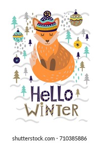 Lovely winter card with a fox with a funny hat, balls, flowers, acorns, berries with the inscription Hello winter. Perfect for greeting cards, postcards, t-shirt design and other