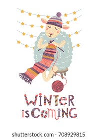 Lovely winter card with a lamb, garlands and the inscription Winter is coming. Perfect for greeting cards, postcards, t-shirt design and other