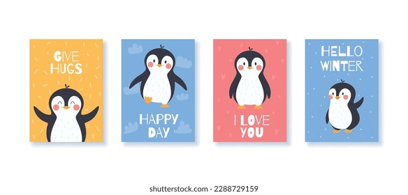 Lovely winter cards or posters bundle with adorable little penguin character, flat vector illustrations set. Set of greeting cards for Christmas and winter events.