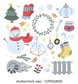 Lovely winter elements. Hygge illustrations with Christmas symbols and cute New Year doodles