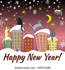 Lovely winter greeting card with cats sitting on roofs.