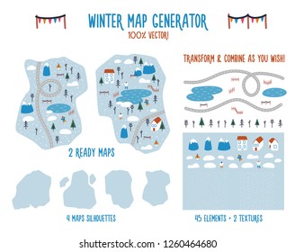 Lovely winter landscape generator. Contains people, trees, houses, mountains, roads all covered with snow. Combine elements to create a map of your choice. Two ready made maps available for you. 