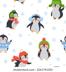 Lovely winter seamless pattern design with penguins on snow, flat vector illustration. Christmas and winter season textile pattern or festive gifts wrapping texture.