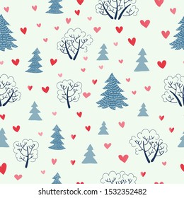 Lovely winter seamless pattern with fir trees and bushes. Small red hearts falling from sky. Light background. Pastel colors. Cute minimalistic hand drawn elements. St. Valentine's day wrapping paper