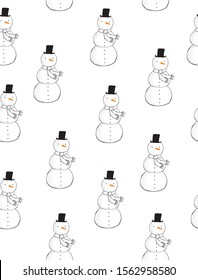 Lovely Winter Seamless Vector Pattern With Hand Drawn Snowman Isolated on a White Background. Funny Snowman with Carrot Nose and Black Hat. Cute Christmas Print Ideal for Fabric, Wrapping Paper, Card.