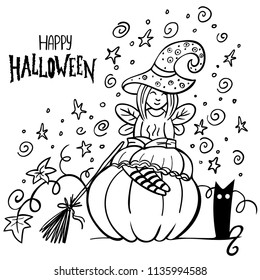 Lovely witch sitting on a pumpkin and a black cat on while background. Lettering Happy Halloween. Vector illustration. Perfect for postcard, greeting card, print, coloring book.