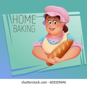 Lovely woman baker with baguette. Vector illustration home baking.
