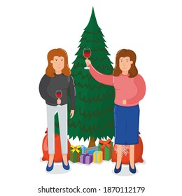 Lovely woman couple character hold wine glass, xmas fir tree with gift box, merry christmas souvenir bag cartoon vector illustration, isolated on white. Concept happy person family new year holiday.