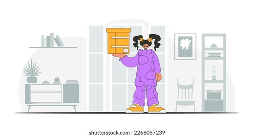 Lovely woman is holding a box in her hands.