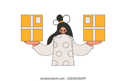 Lovely woman holding boxes in her hands. Parcel and cargo transportation.