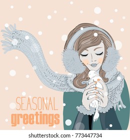 Lovely woman in scarf holding the white pigeon. Winter time. Vector illustration on light orange background. Seasonal greetings