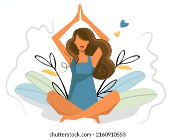 A lovely woman sits in a lotus position on a background of plants. A bright brunette is doing yoga in nature. The girl is meditating. Exercise and rest, reboot, recuperation. Flat vector for yoga day.