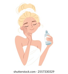 Lovely woman in towel with beauty product, self-care, self-love. Flat vector illustration, simple style, white background 