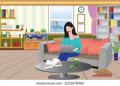 lovely woman is working from home vector design