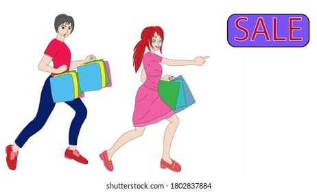 Lovely Women Running to shop for SALE products, doodle art style