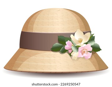 bonito sombrero de paja para mujeres con banda de seda marrón y adorno de flores de cadera y anémona, protección solar, accesorios de vacaciones y artículos de estilo de ropa