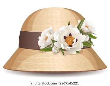 bonito sombrero de paja para mujeres con cinta de seda marrón y decoración de flores de peonía blanca, protección solar, accesorios de vacaciones y elementos de estilo de vestir