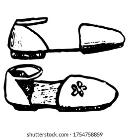 Lovely women's summer sandals. Hand drawn vector illustration. Graphic doodle, sketching. Contour drawing isolated on white. Primitive style, single picture for design, print, card, poster, sticker.