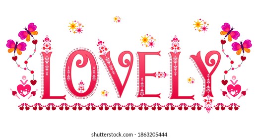 Lovely word art text. Wedding Anniversary sticker. Marriage anniversary. Husband wife marriage. Word art label. Love romance lettering. Pink hearts butterflies  pattern. Vector text.
