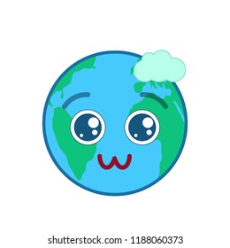 Lovely world globe isolated emoticon. Pretty blue planet emoji. Social communication and weather widget sign. Comely face showing facial emotion. Funny earth icon. Weather forecast vector element
