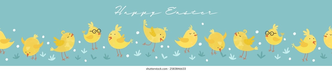 Lovely yellow chicks with cute decoration, hand drawn easter pattern, great for textiles, banners, wallpapers, decorations - vector