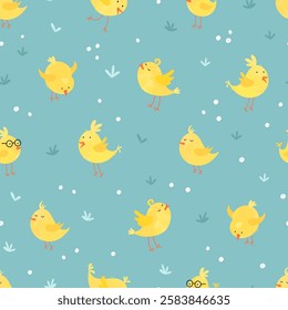 Lovely yellow chicks with cute decoration, hand drawn easter pattern, great for textiles, banners, wallpapers, decorations - vector