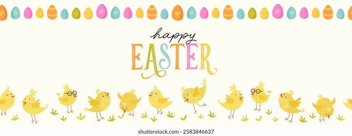 Lovely yellow chicks with cute decoration, hand drawn easter pattern, great for textiles, banners, wallpapers, decorations - vector