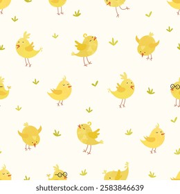 Lovely yellow chicks with cute decoration, hand drawn easter pattern, great for textiles, banners, wallpapers, decorations - vector