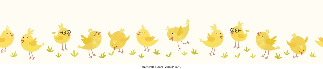 Lovely yellow chicks with cute decoration, hand drawn easter pattern, great for textiles, banners, wallpapers, decorations - vector