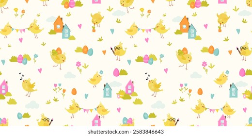 Lovely yellow chicks with cute decoration, hand drawn easter pattern, great for textiles, banners, wallpapers, decorations - vector