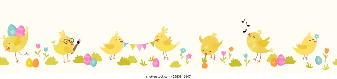 Lovely yellow chicks with cute decoration, hand drawn easter pattern, great for textiles, banners, wallpapers, decorations - vector