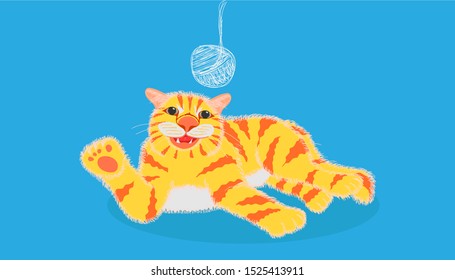 the lovely yellow and orange striped cat flop and playing with sketch cotton on pastel blue color background. vector illustration eps10