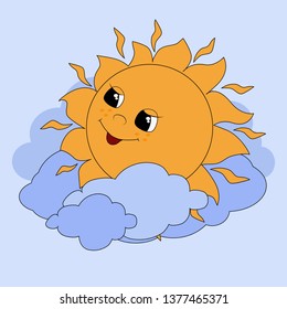 The lovely yellow sun happily smiles in the sky in the clouds. Cartoon joyful character with freckles. Vector illustration of a heavenly body. Image for children's design, prints and books.