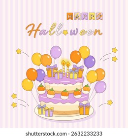 lovely but yet spooky halloween cake with pumpkin gift and balloon for celebrating your halloween night, vector illustration