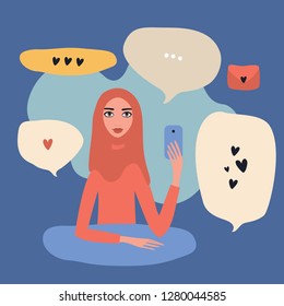 Lovely young beautiful Muslim woman wearing hijab holding mobile phone in hand texting Modern communication technology concept People messaging using mobile phones Cute Love Friendship Speech bubbles