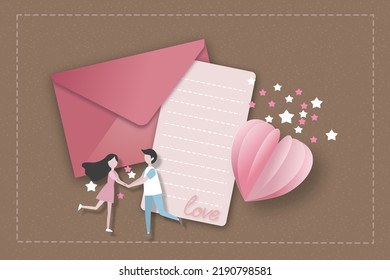 Lovely young couple on abstract brown background with letter, paper and heart shape paper cut, design for Valentine’s Day festival. Vector illustration. Paper craft style.