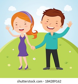 Lovely young couple waving hand. Vector illustration of lovely young couple waving hands. Happy day!