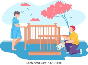 Lovely young family together collect baby cot, pregnant woman help to husband cartoon vector illustration, isolated on white. Lover pair children room renovation, cute sakura tree background.
