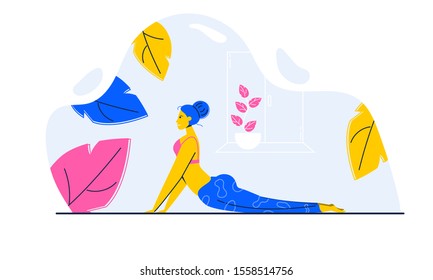 Lovely young girl does exercises at home. Active sports with Pilates or yoga. Relaxation and energy. Vector flat illustration with botanical elements on a white background.