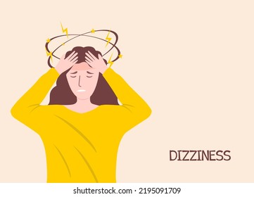 A Lovely Young Girl Is Experiencing Dizziness. Portrait Of A Cute Young Woman Feeling Dizziness. Unhappy Girl Feels Dizzy. Lady Suffers Symptom Of Cold. Flat Cartoon Vector Illustration.