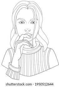 Lovely young girl in a sweater touches her lips with her hand - vector linear illustration for coloring. Portrait of a beautiful girl - face and hand. Head of a woman with long hair. Outline.