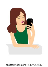 Lovely young girl taking selfie using smartphone. Vector illustration on white background.