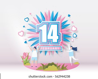 lovely young joyful couple celebrate for valentine's day festival on abstract background with text 14 february and mini heart. Vector illustration.paper craft style.