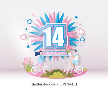 lovely young joyful couple celebrate for valentine's day festival on abstract background with text 14 february and mini heart. Vector illustration.paper craft style.