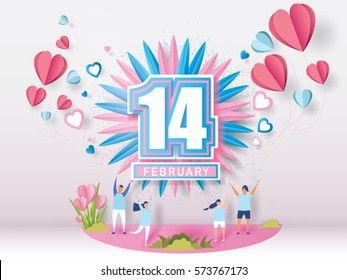 lovely young joyful couple celebrate for valentine's day festival on abstract background with text 14 february and mini heart and balloons heart Vector illustration.paper craft style.