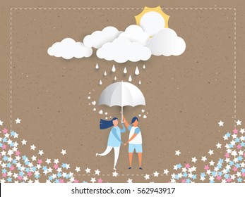 lovely young joyful couple holding umbrella on abstract background with raining and love heart,clouds,sun,paper craft style .Vector illustration.