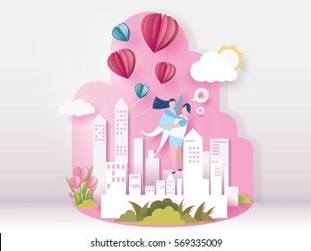 lovely young joyful couple hug on pink paper abstract background with balloons heart and city view design for valentine's day festival .Vector illustration.paper craft style.