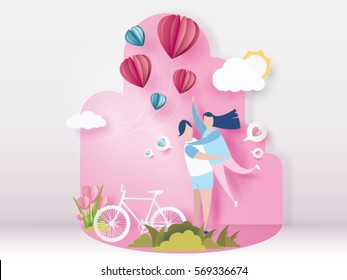 lovely young joyful couple hug on abstract pink background with balloons heart and bicycle,mini heart design for valentine's day festival .Vector illustration.paper craft style.