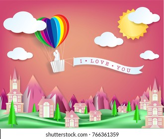 lovely young joyful couple hug on pink paper abstract background with balloons heart and city view design for valentine's day festival .Vector illustration.paper craft style.